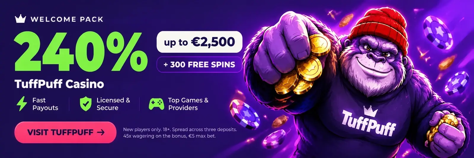 Welcome pack: 240% up to 2,500 euro and 300 free spins at TuffPuff